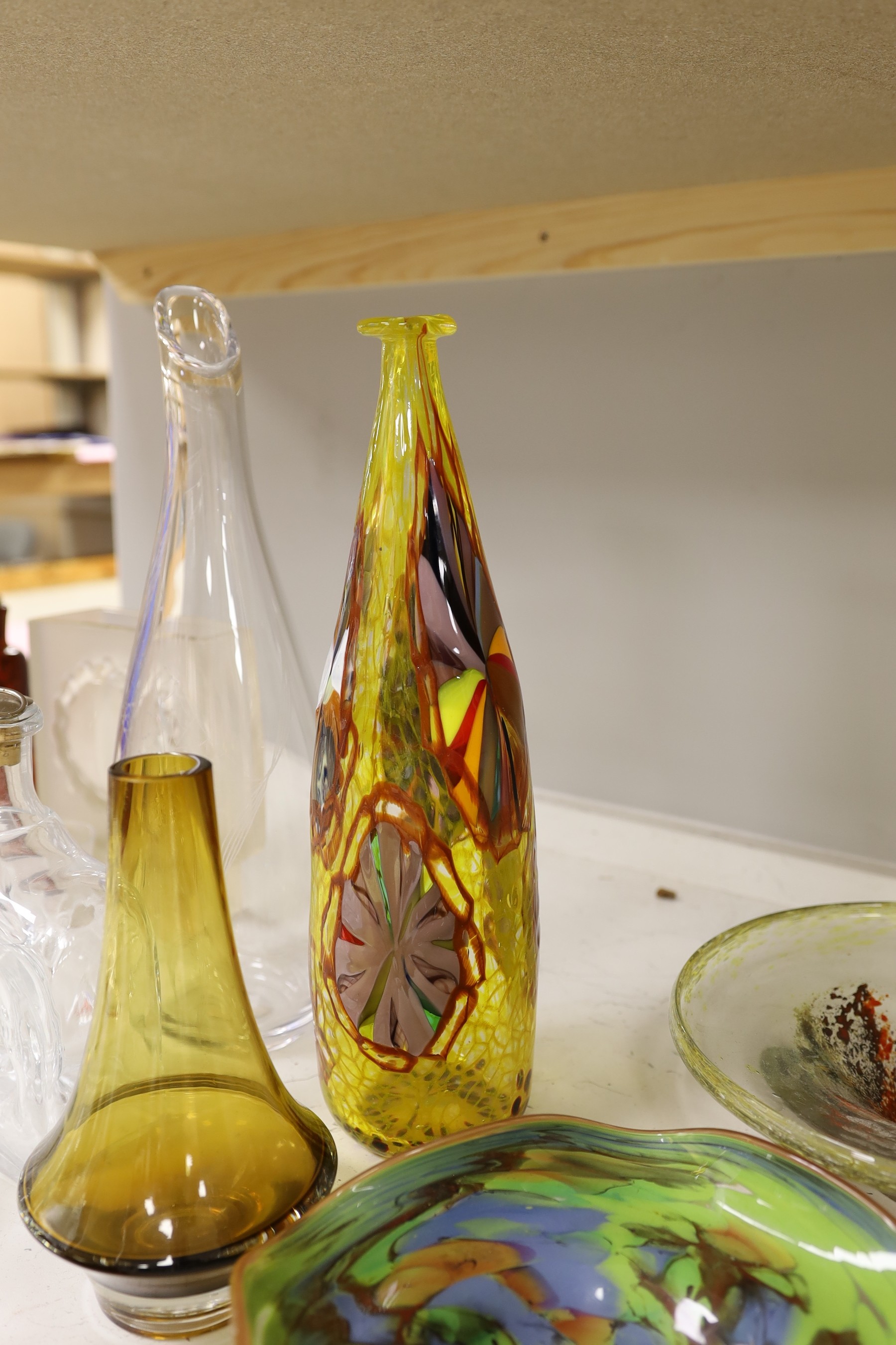 A collection of assorted Scandinavian glassware including Kosta, Erik Hoglund for Boda and Tapio Wirkkala, tallest 58cm
